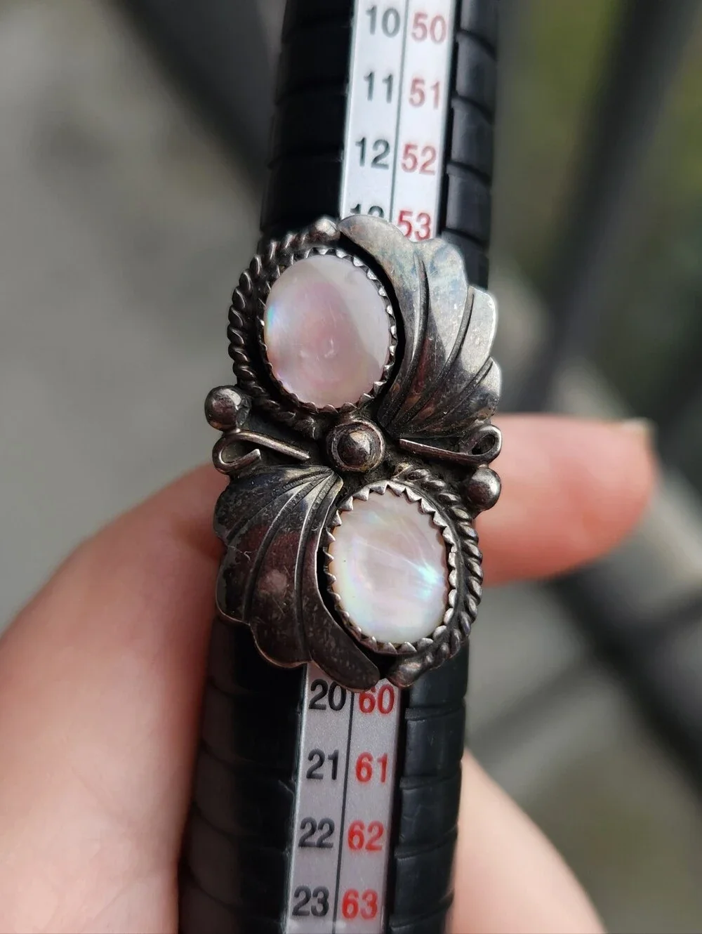 Handmade Sterling Silver 925 Vintage Native American Mother Of Pearl Duo Ring